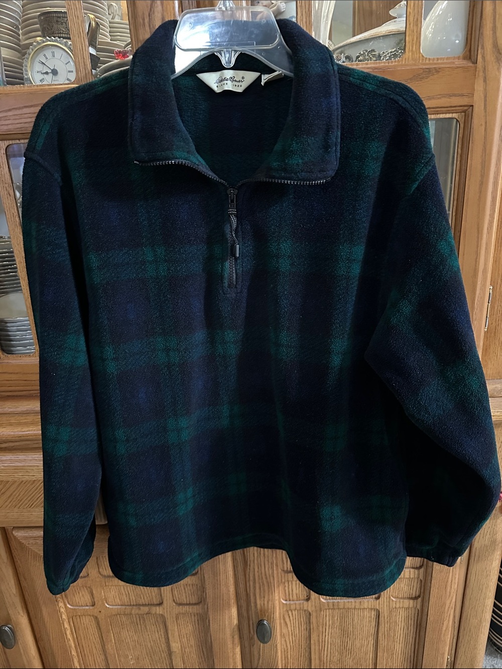Eddie Bauer Black & Green Plaid Half-Zip Fleece Pullover